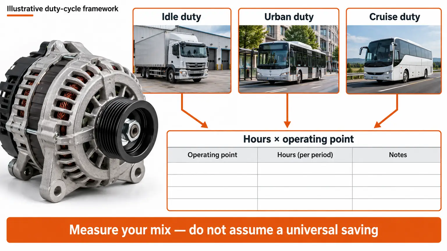 Illustrative fleet duty-cycle framework linking idle, urban and cruise operation to operating hours and alternator conditions