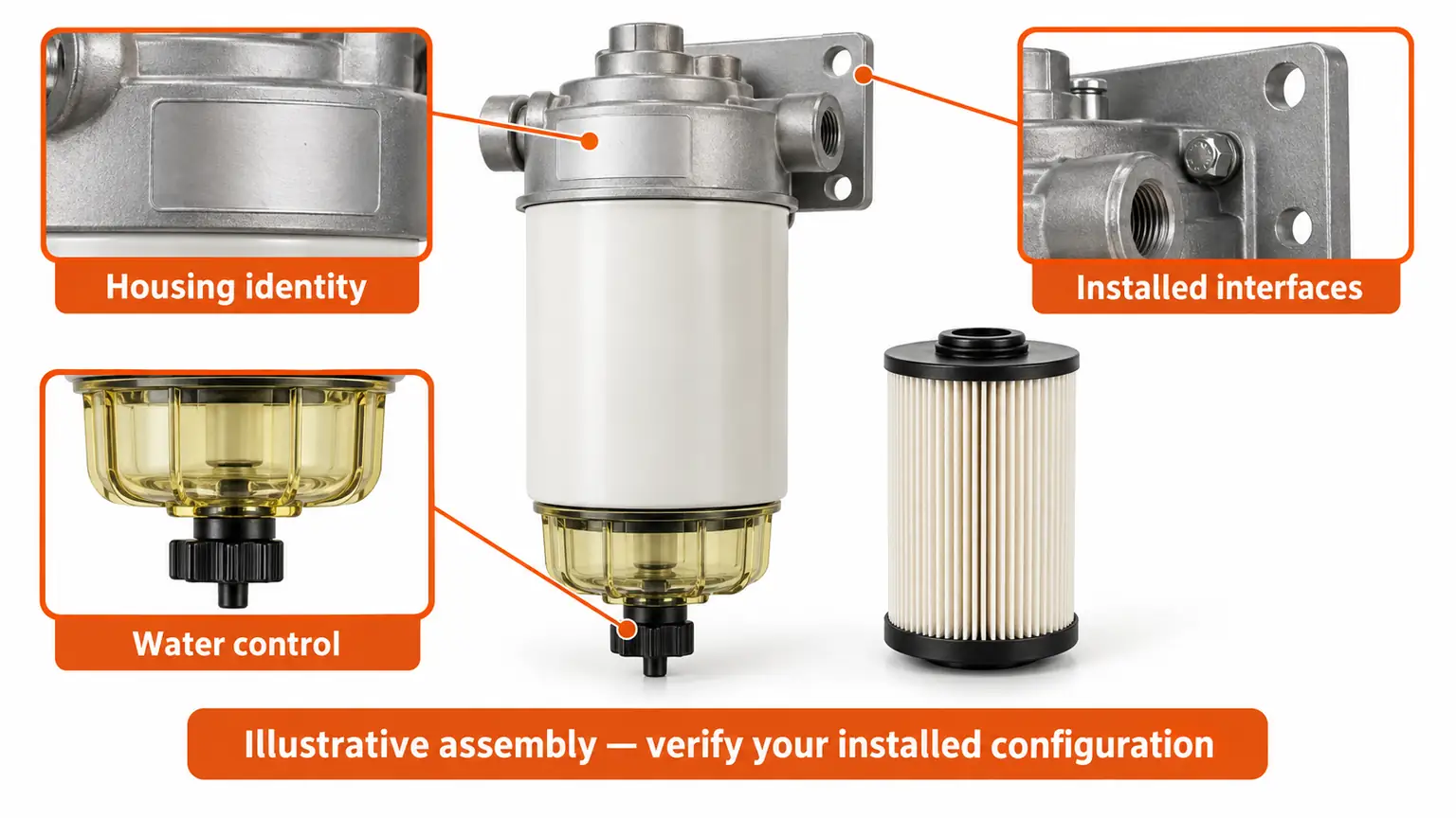 Illustrative filtration assembly showing housing identification, water-management components and installed interfaces to record