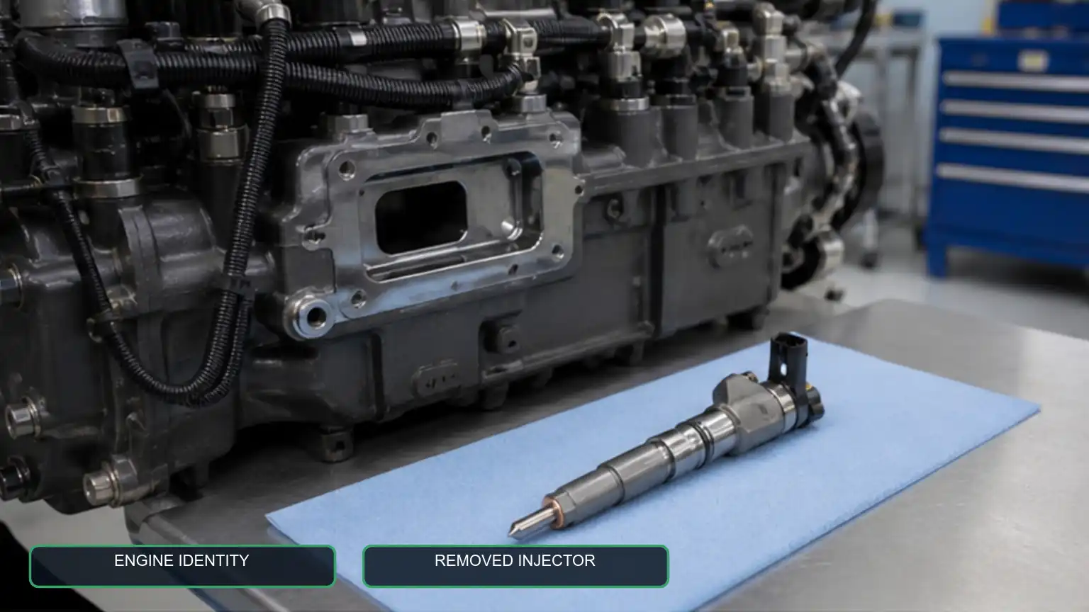Heavy-duty diesel engine and removed common-rail injector documented together before accepting a superseded reference.