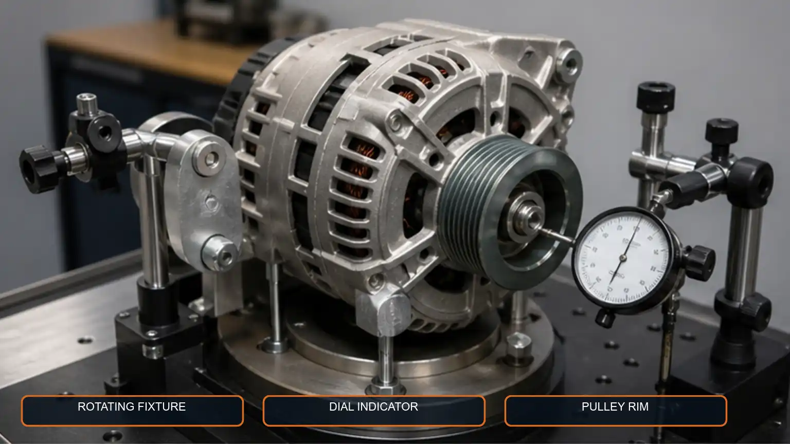 Heavy-duty alternator secured on a precision fixture while a dial indicator checks pulley rim runout.