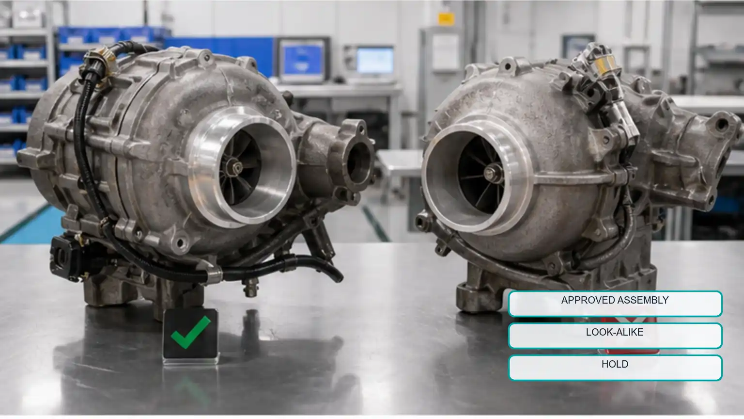 Approved heavy-duty assembly compared with a look-alike candidate that shares housing features but differs at interfaces.