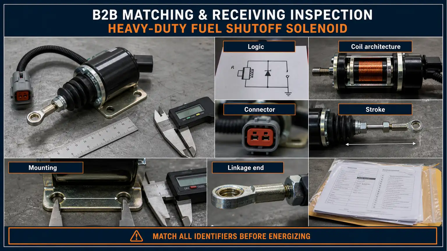 Fuel shutdown solenoid matching board comparing connector, label, mounting, linkage direction and measured stroke evidence