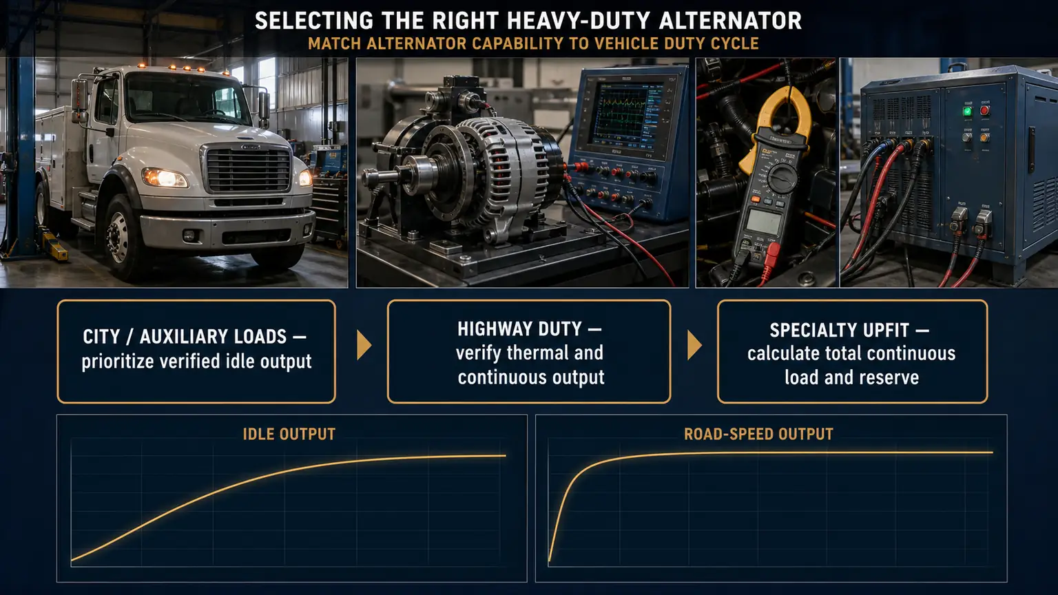 Illustrative heavy-duty alternator duty-cycle review for an export sourcing project; not measured performance
