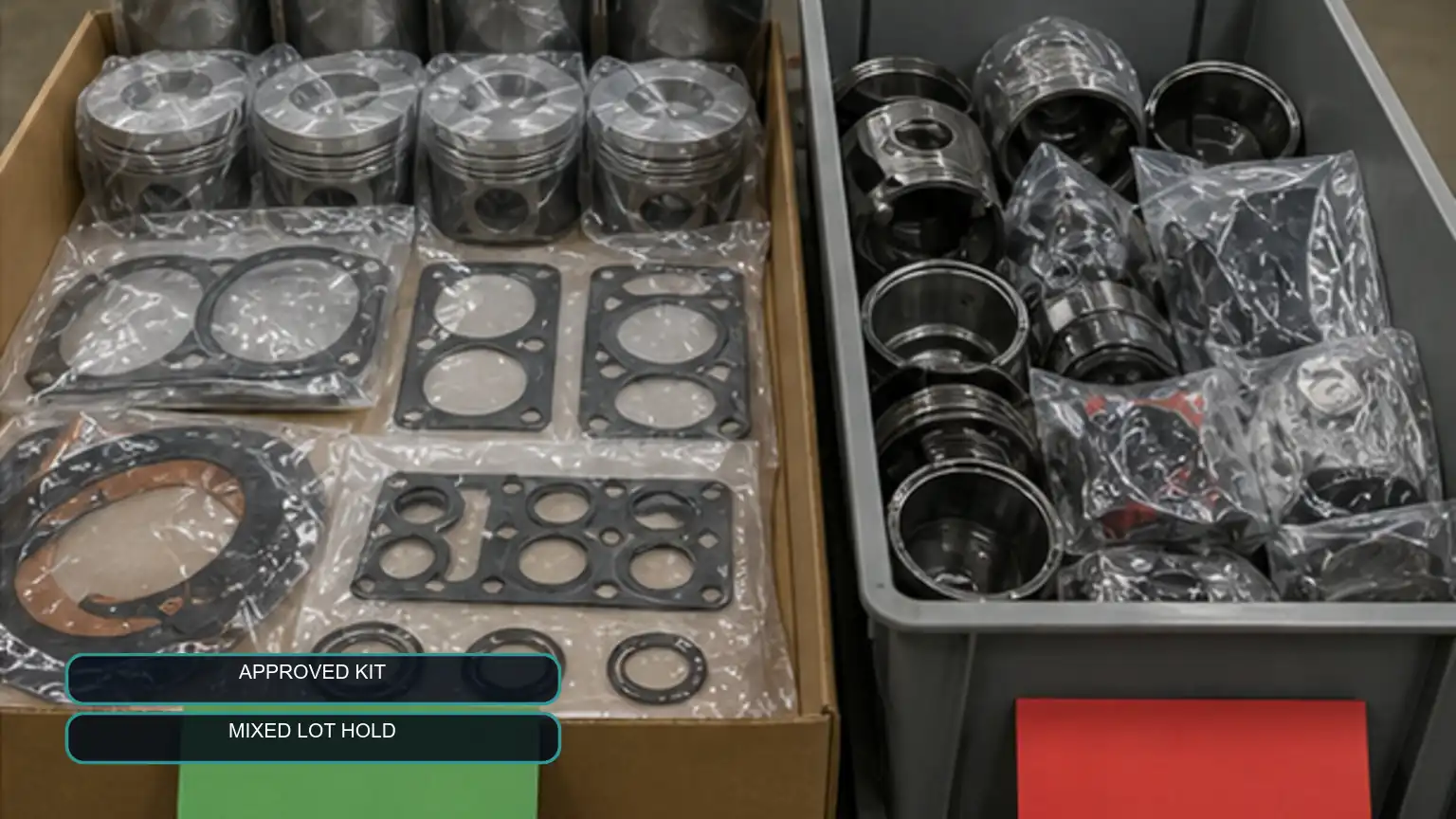 Sealed approved overhaul-kit contents separated from a quarantined bin of mixed engine components during receiving inspection.