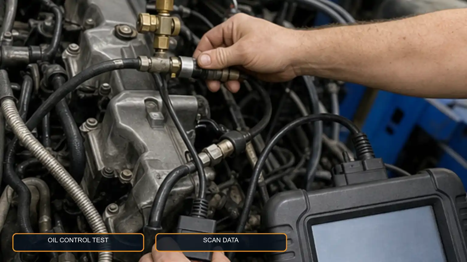 Technician connecting a pressure gauge and diagnostic scan tool while testing a medium-duty diesel high-pressure oil circuit.