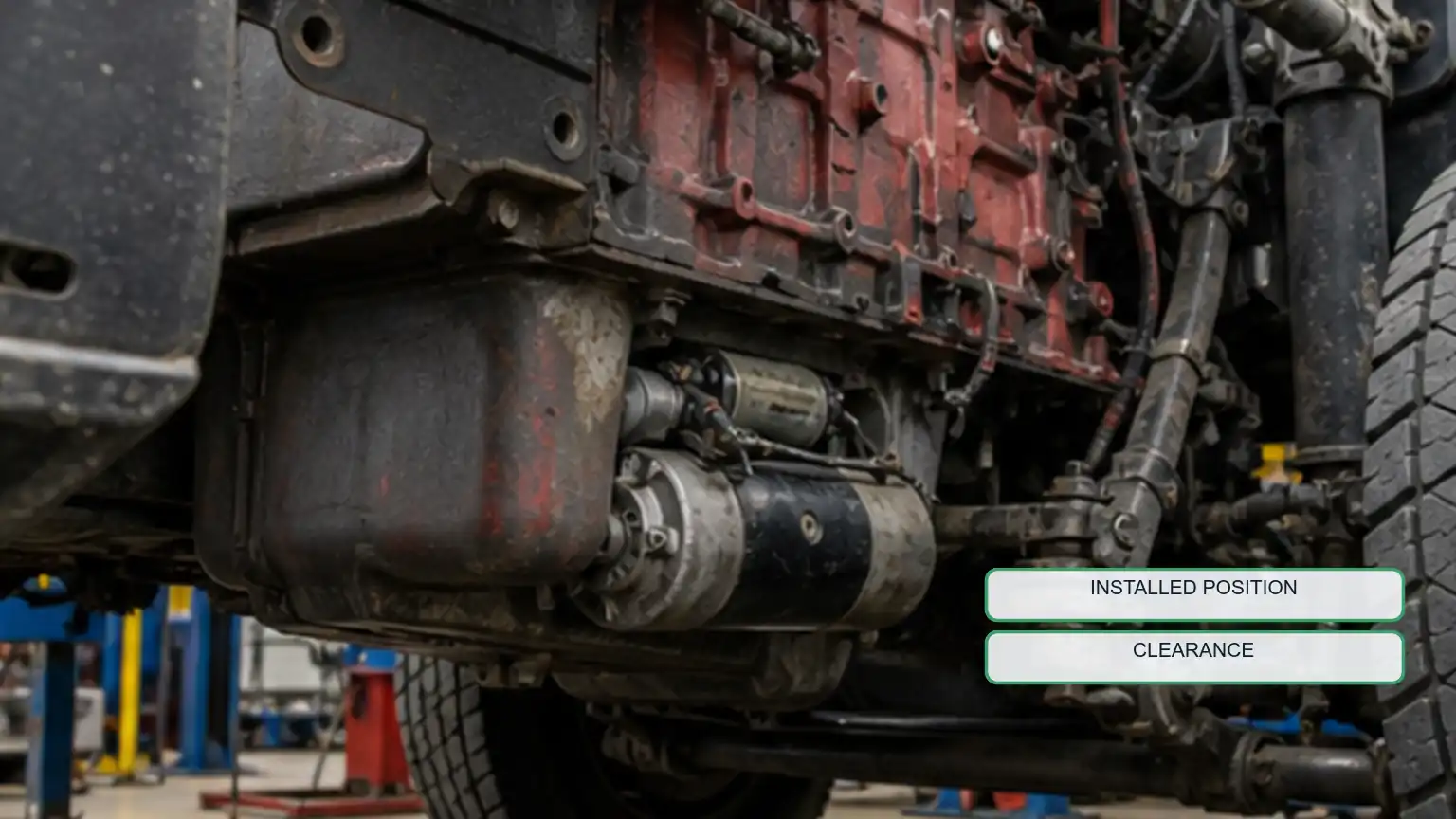Large heavy-duty starter mounted low on an inline-six diesel engine with frame, cables, and surrounding clearance visible.