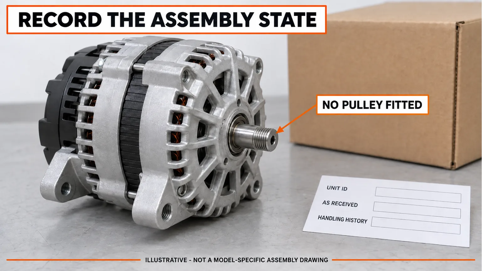 Illustrative new alternator without a fitted pulley beside a blank receiving record.