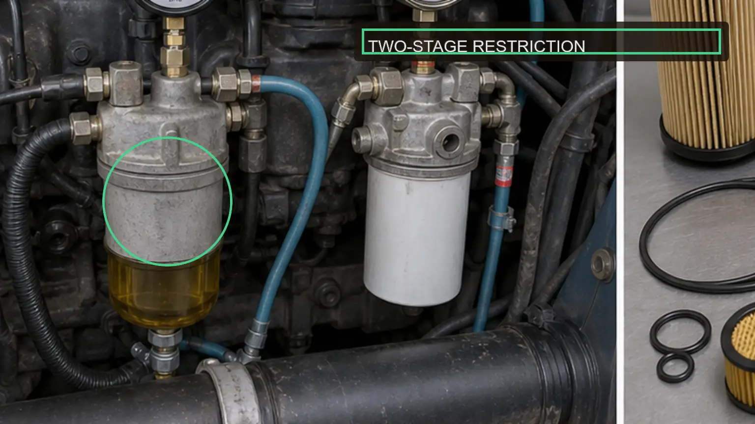 Normal and failed diesel fuel filter conditions compared during incoming or warranty inspection