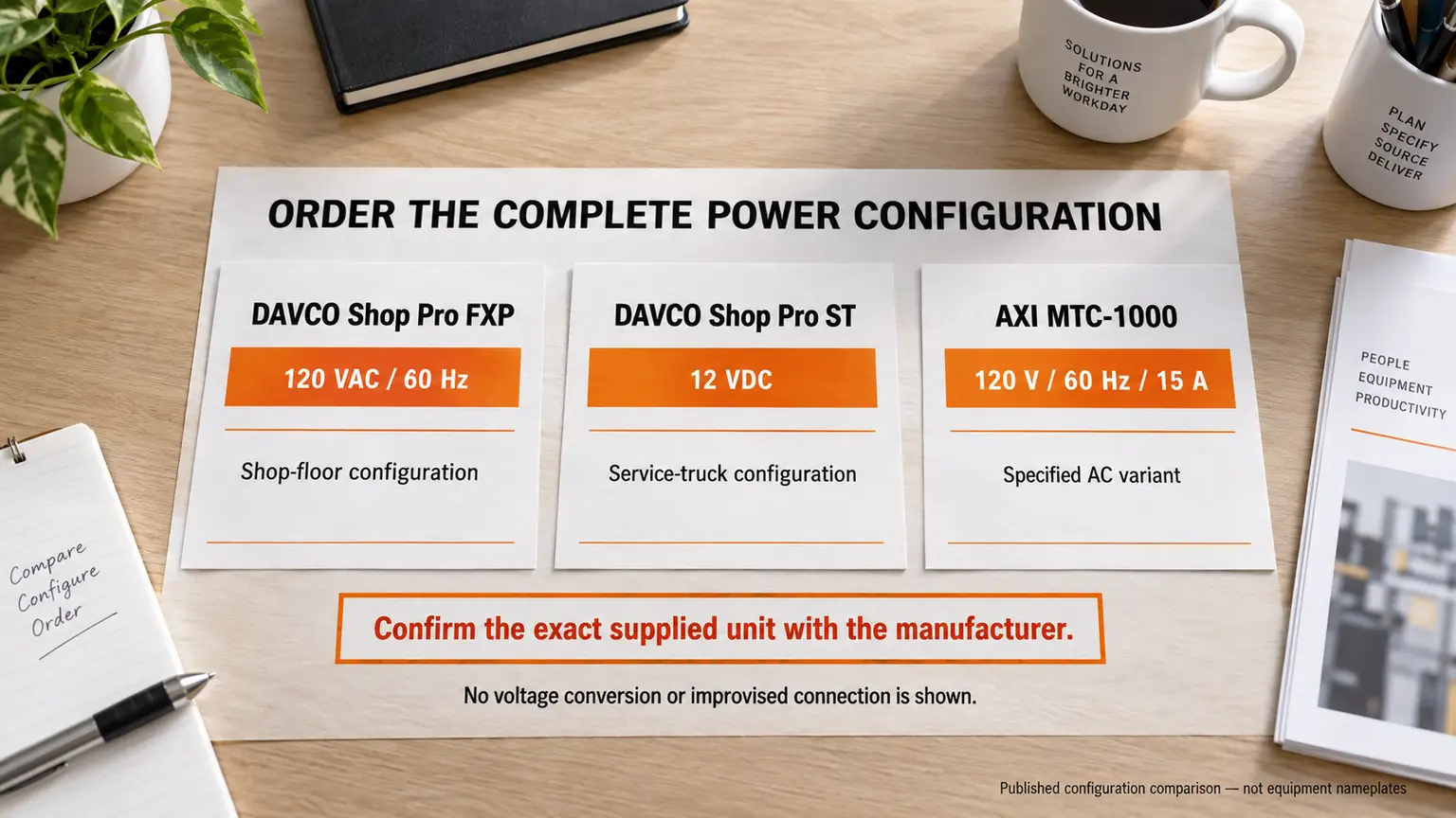 Editorial cards compare DAVCO Shop Pro FXP 120 VAC, ST 12 VDC and the specified AXI MTC-1000 120 V 60 Hz 15 A variant.