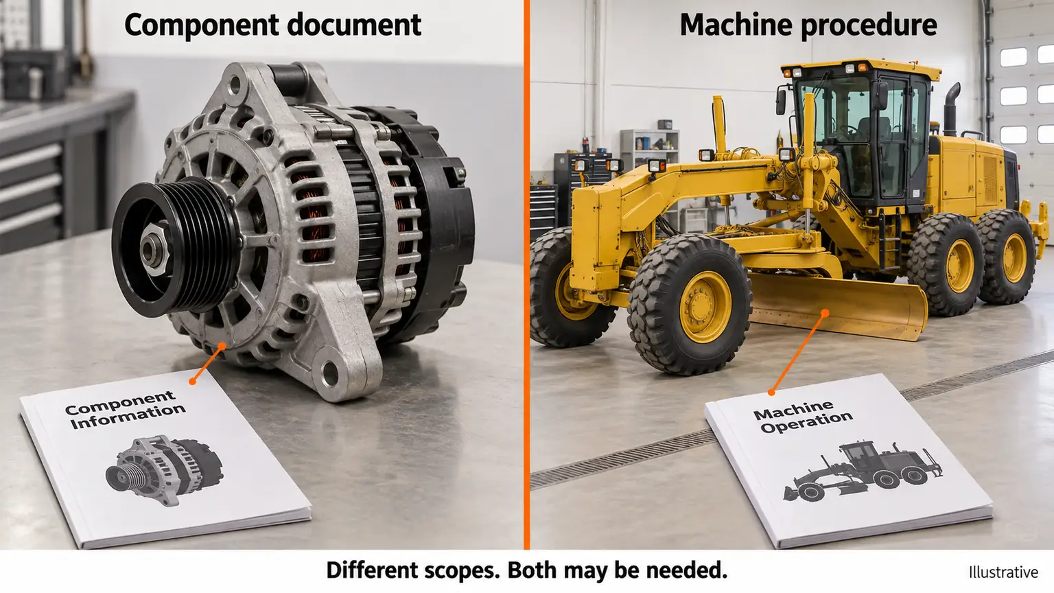 Illustrative two-panel view separates an alternator component document from a motor-grader machine procedure; neither document substitutes for the other.