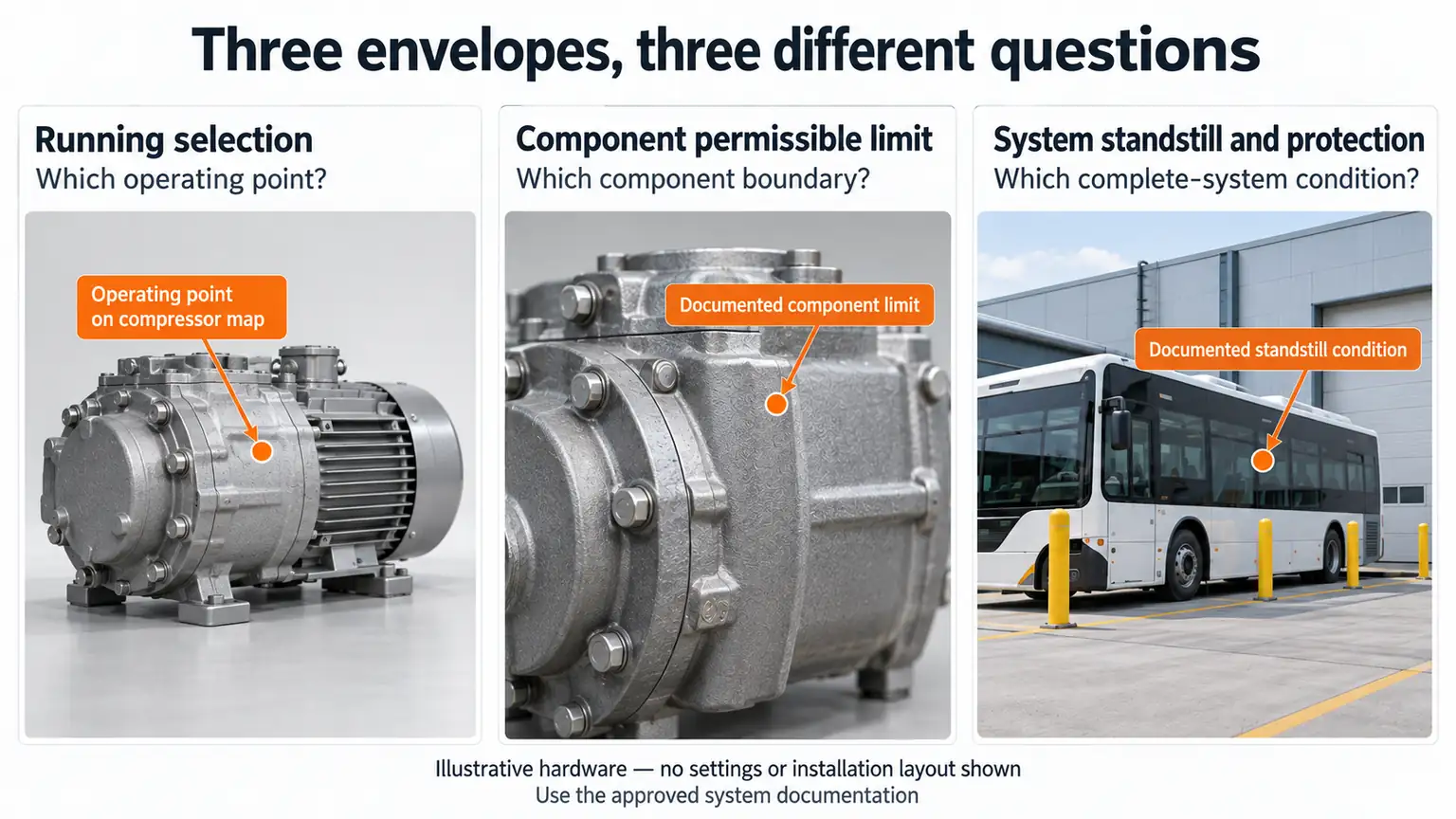 Three document boundaries distinguish operating selection, component limits and system standstill protection.