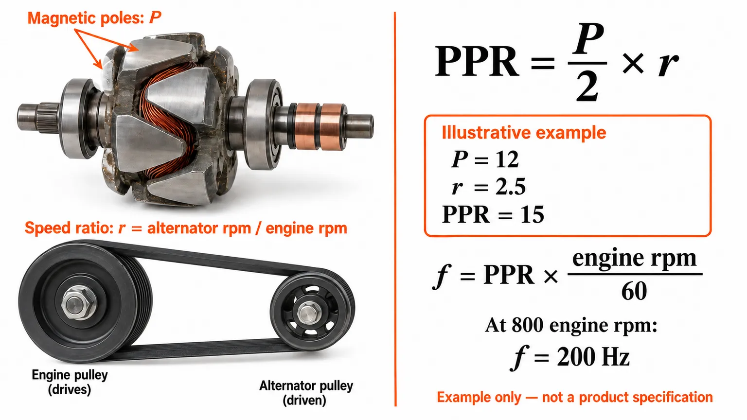 Worked W signal example combining twelve magnetic poles and a 2.5 alternator-to-engine speed ratio to produce fifteen cycles per engine revolution