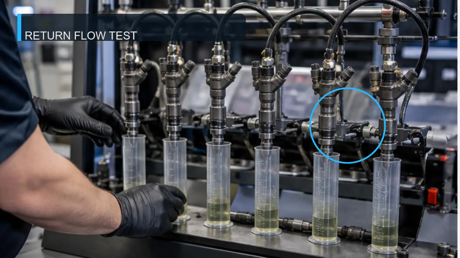 Technician measuring return flow on six heavy-duty common-rail diesel injectors