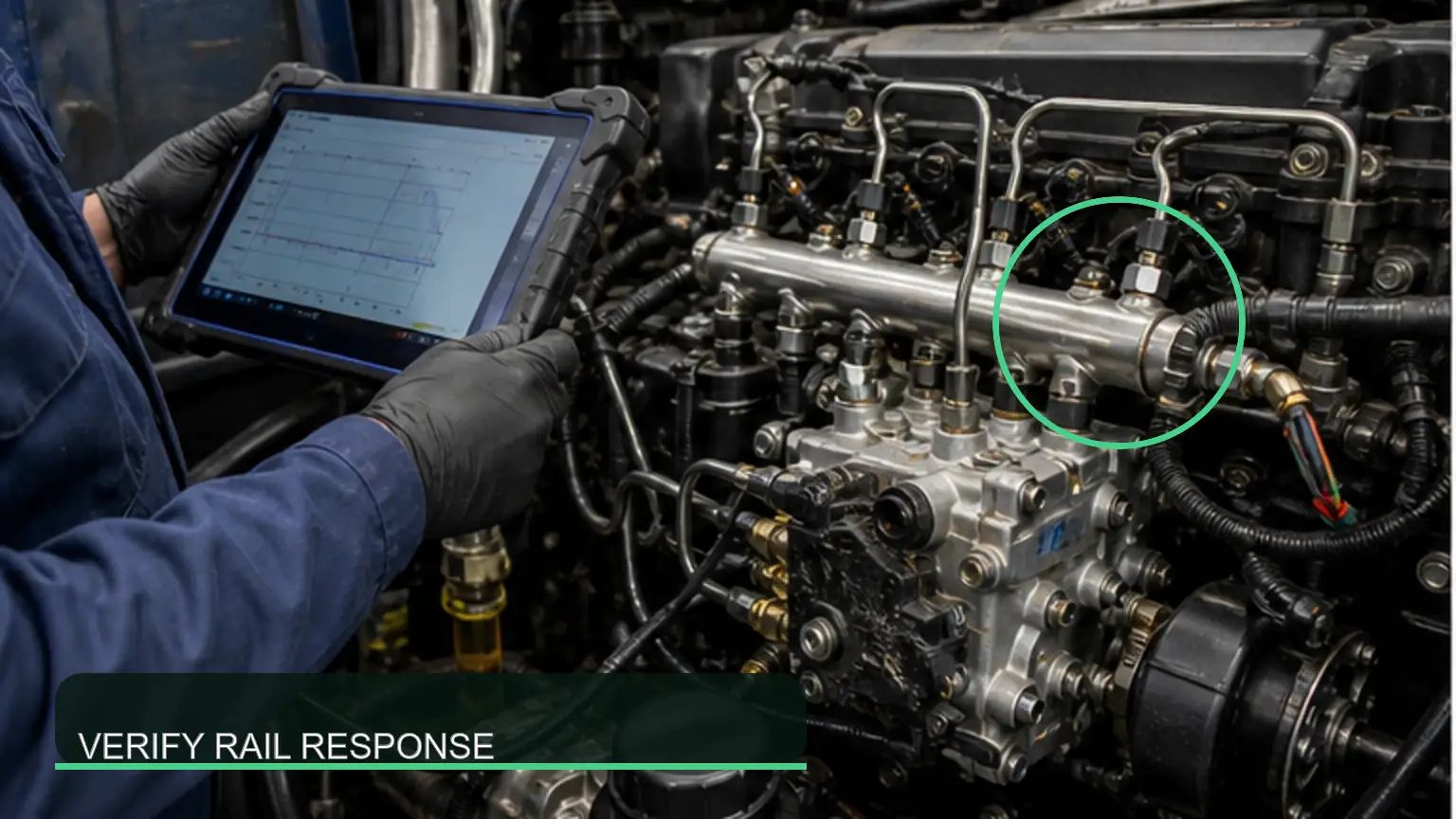 Common-rail pressure response checked only after the low-pressure supply is verified