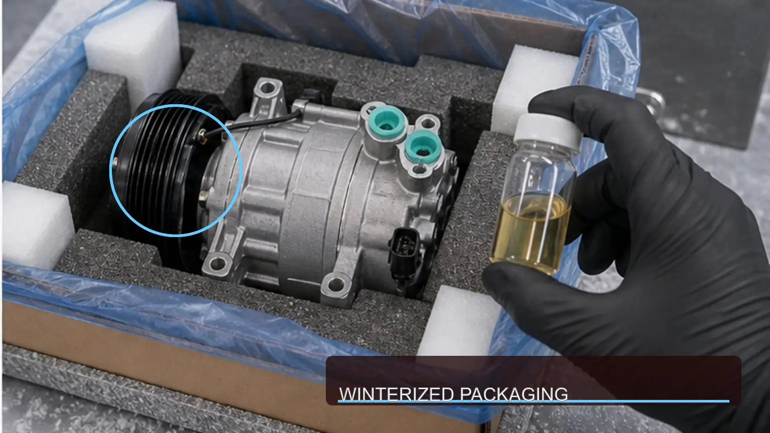 Capped heavy-duty A/C compressor protected with moisture barrier and shock-control packaging