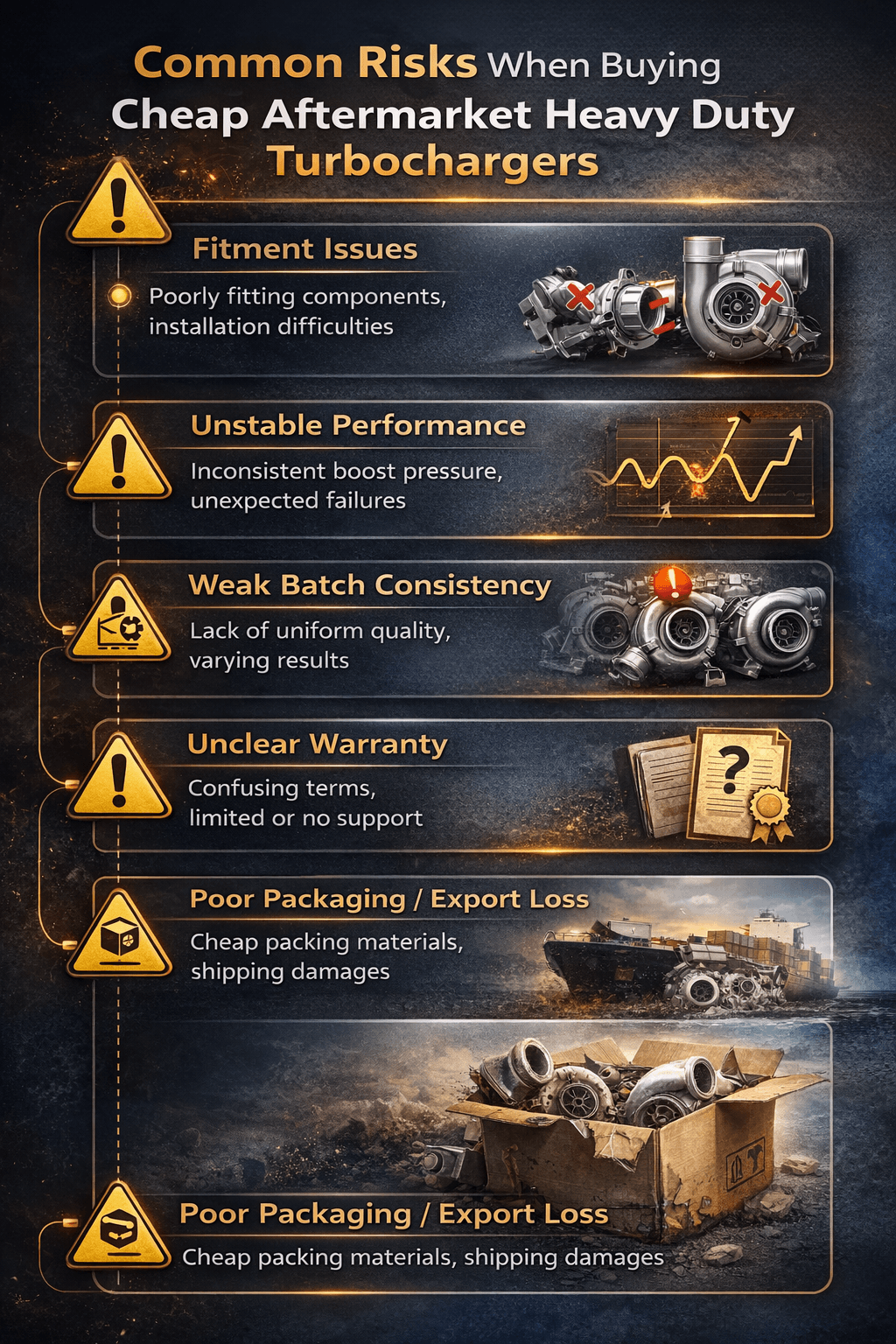 Risks of cheap aftermarket heavy-duty turbochargers infographic