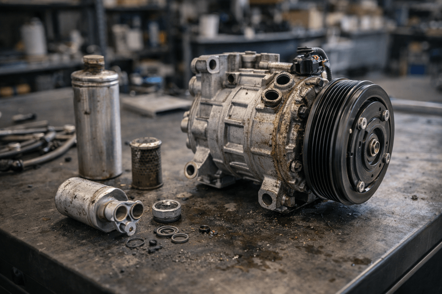 Failed heavy-duty truck AC compressor on workshop bench with removed drier parts, seals and contamination for failure analysis