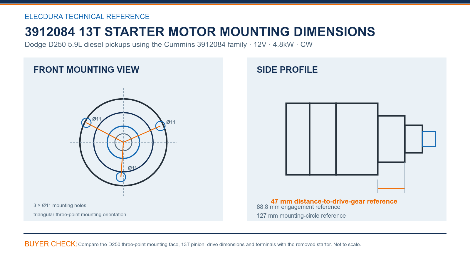 3912084 Dodge 12V 4.8kW 13T starter mounting dimensions