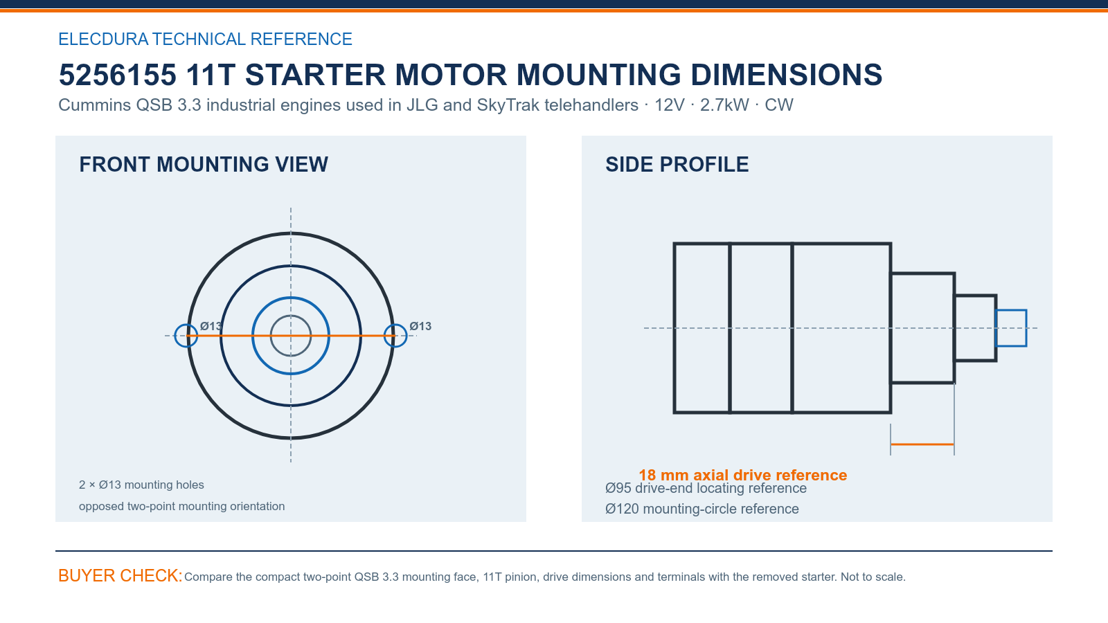 5256155 Cummins 12V 2.7kW 11T starter mounting dimensions