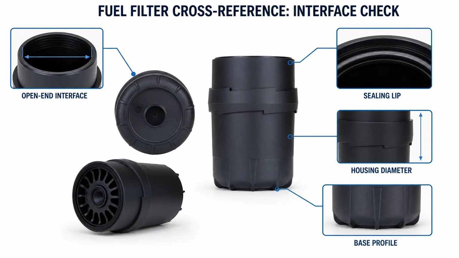 Fuel filter cross-reference interface check with sealing lip, housing diameter and open-end details