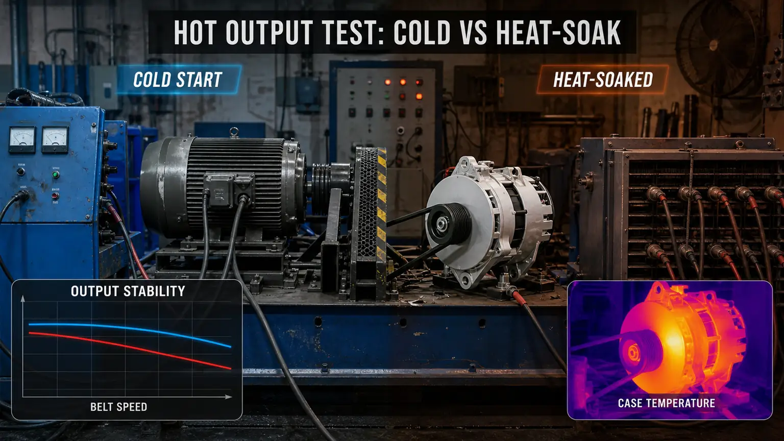 Heavy-duty alternator output comparison on a real bench under cold-start and heat-soak conditions