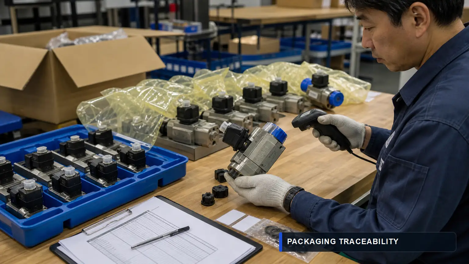 Solenoid valve batch inspection with connector caps, O-ring protection, molded trays and neutral traceability labels
