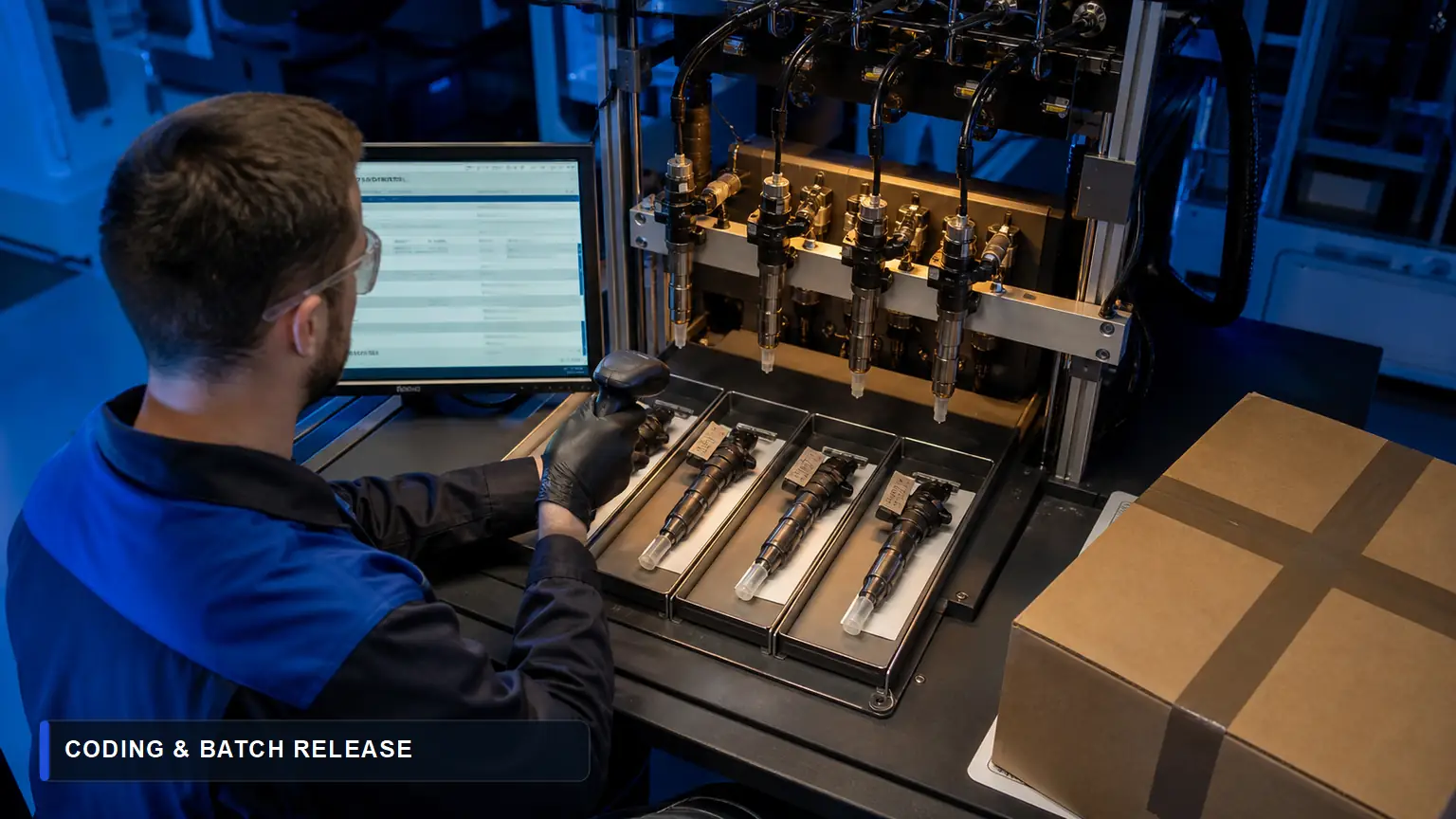 Heavy-duty diesel injectors at a coding and traceability workstation after calibration and before export packing