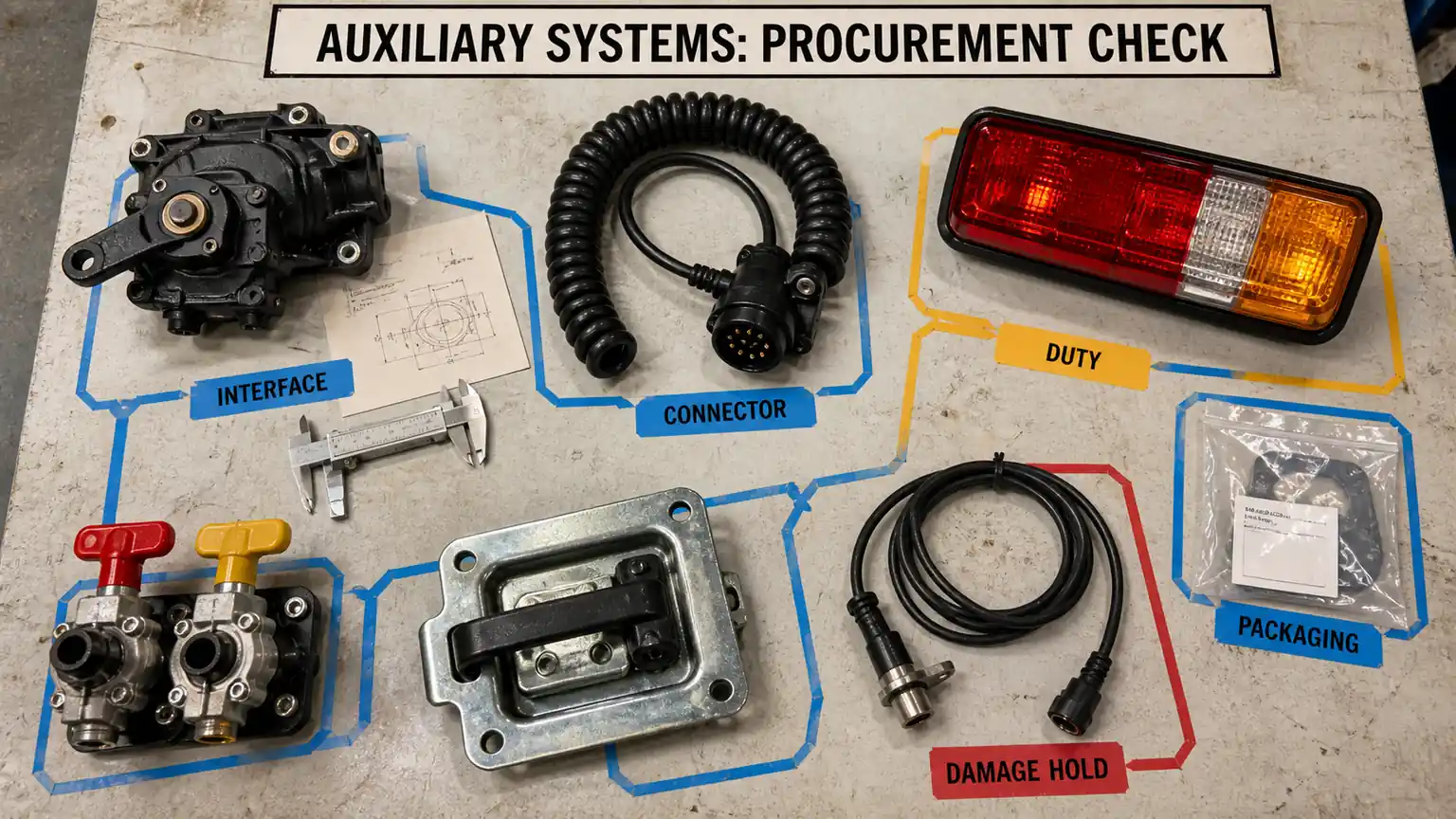 Semi-trailer auxiliary systems procurement check for interfaces, connectors, duty, packaging and damage hold