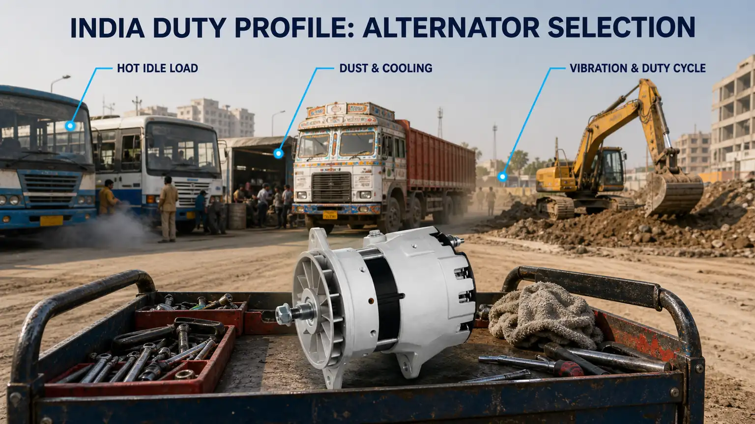 India heavy-duty alternator selection for hot idle, dust cooling, vibration and mixed truck-equipment duty