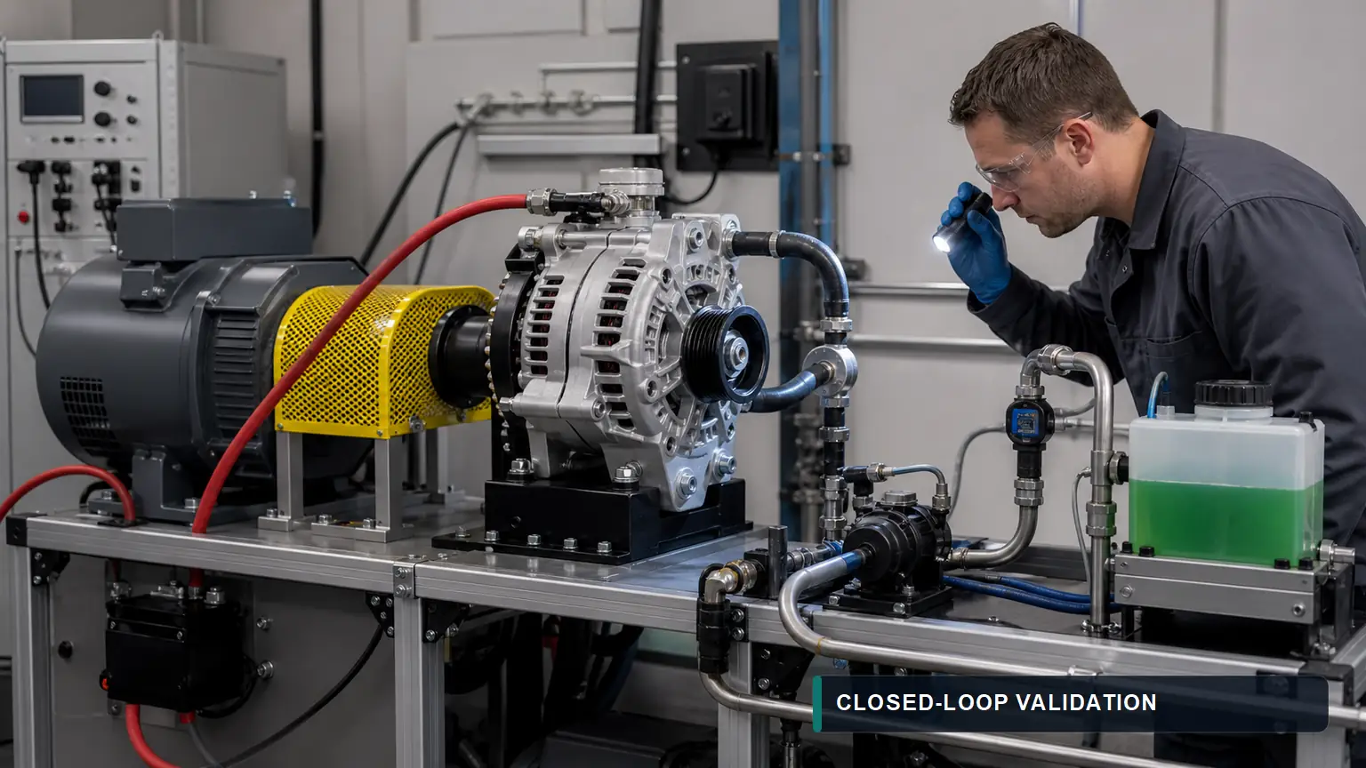 Replacement liquid-cooled alternator on a combined electrical load bench and closed-loop coolant validation rig