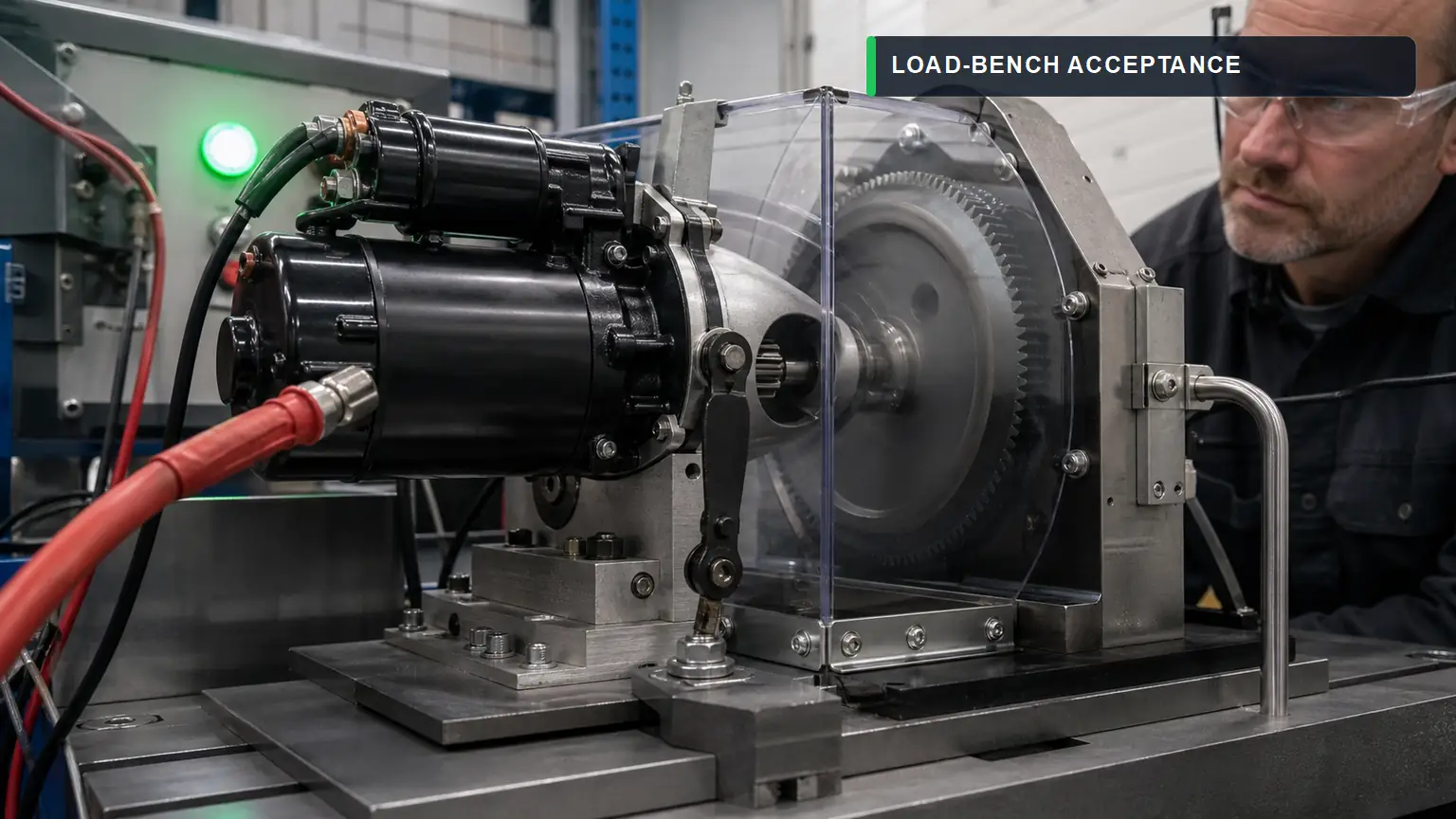 Rebuilt heavy-duty starter motor with repaired solenoid engaging a guarded ring gear on a load test bench