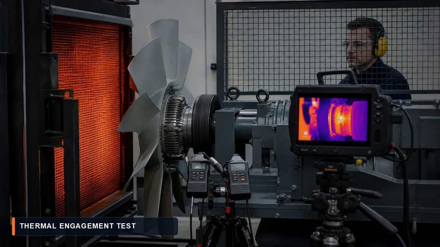 Heavy-duty fan clutch on a guarded thermal engagement rig with infrared camera and input-output speed sensors