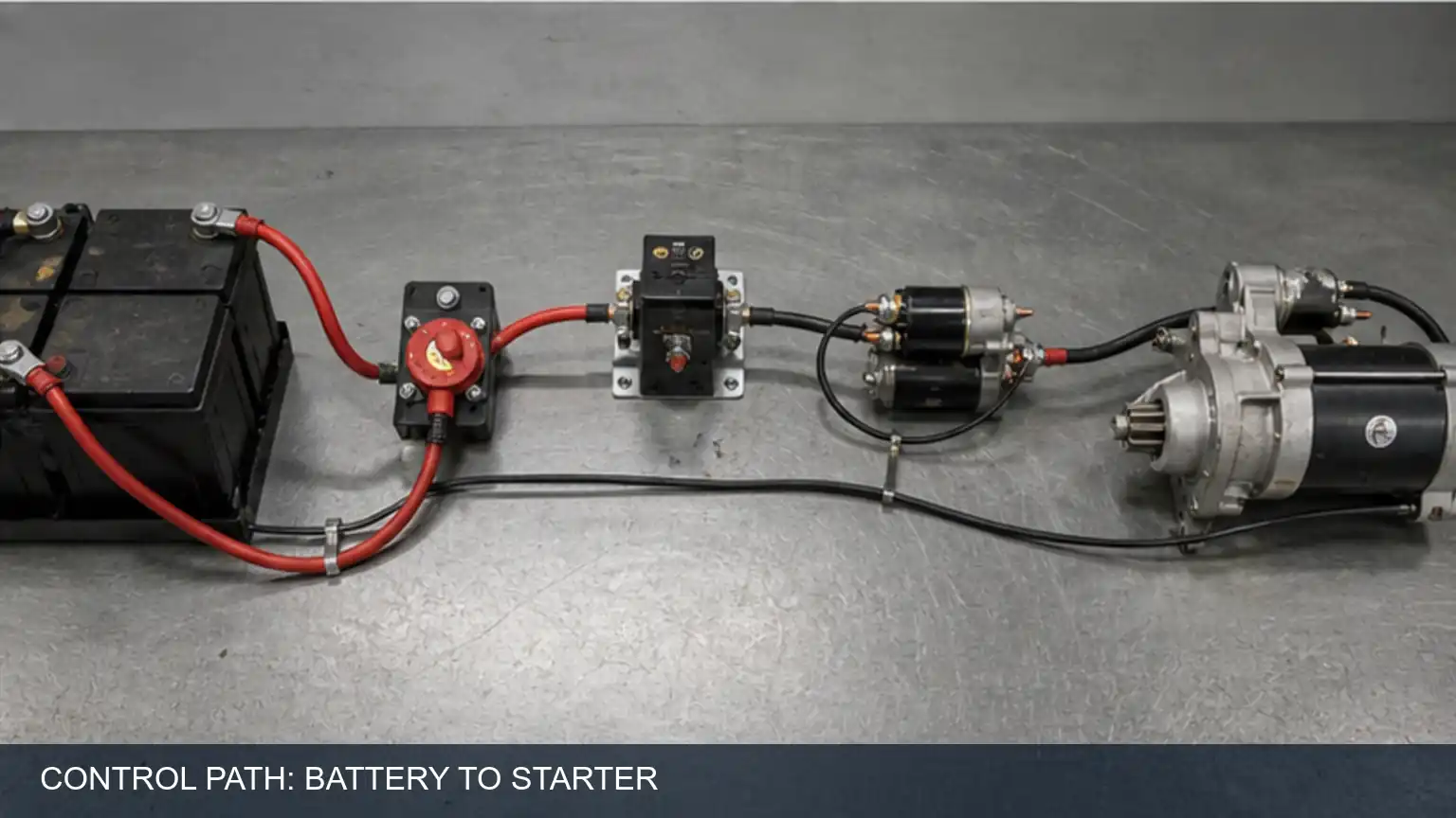 Heavy-duty starter control-path bench layout showing battery supply, relay, solenoid command and ground return