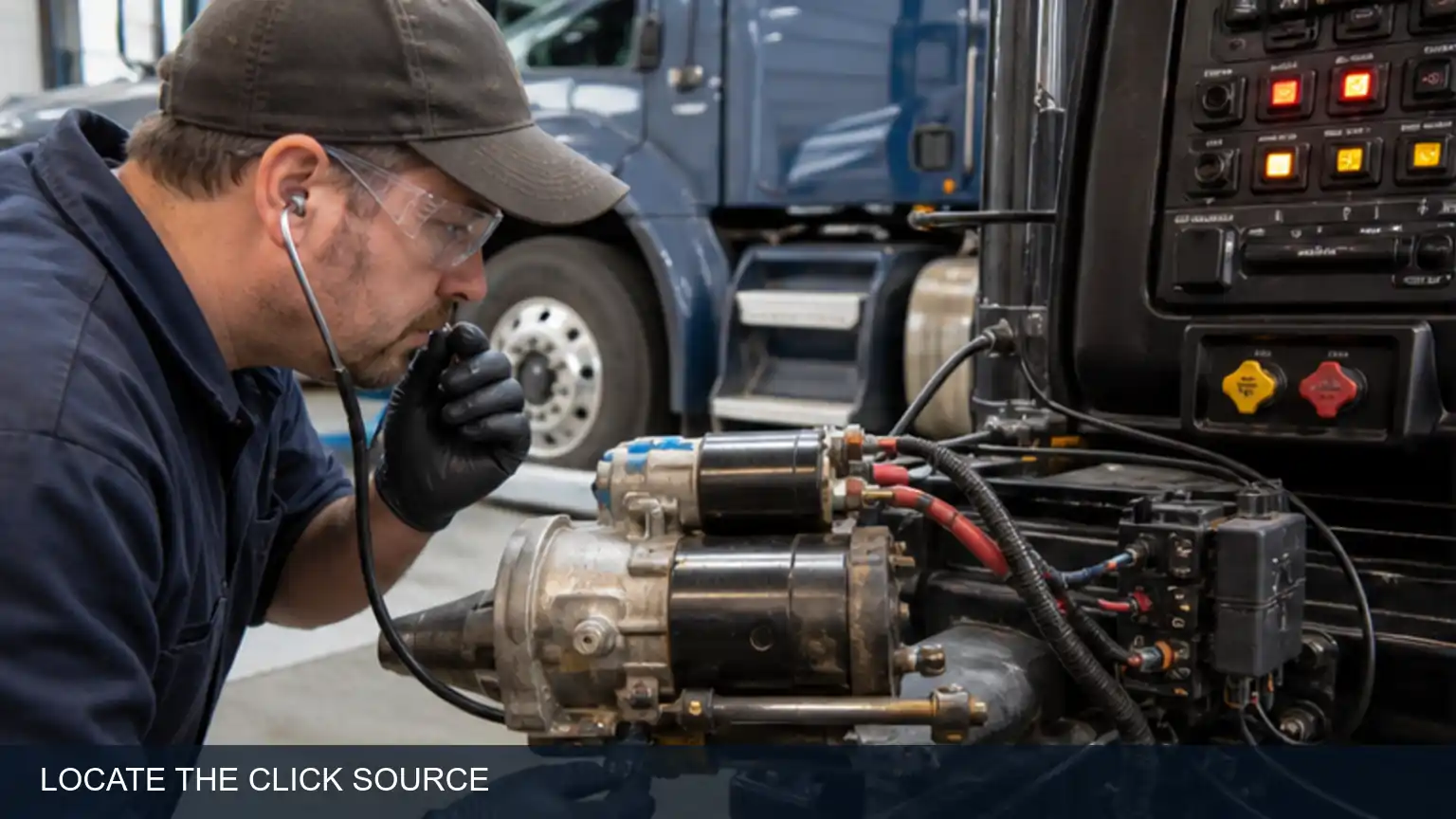 Technician locating a heavy-duty no-crank click and checking the starter relay and command circuit
