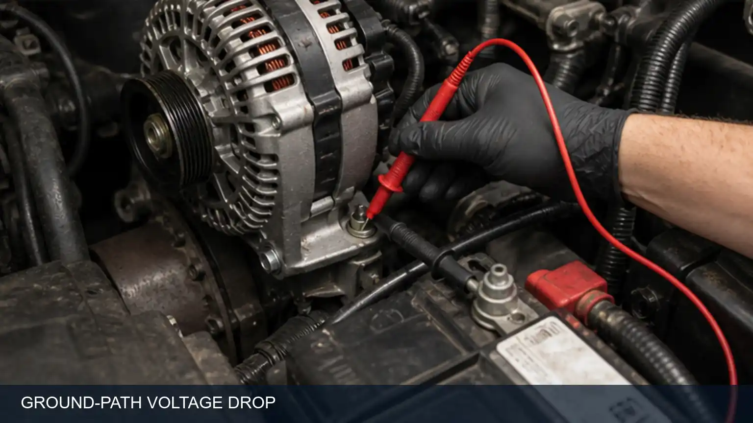 Heavy-duty alternator ground-path voltage-drop test between the housing, engine and battery