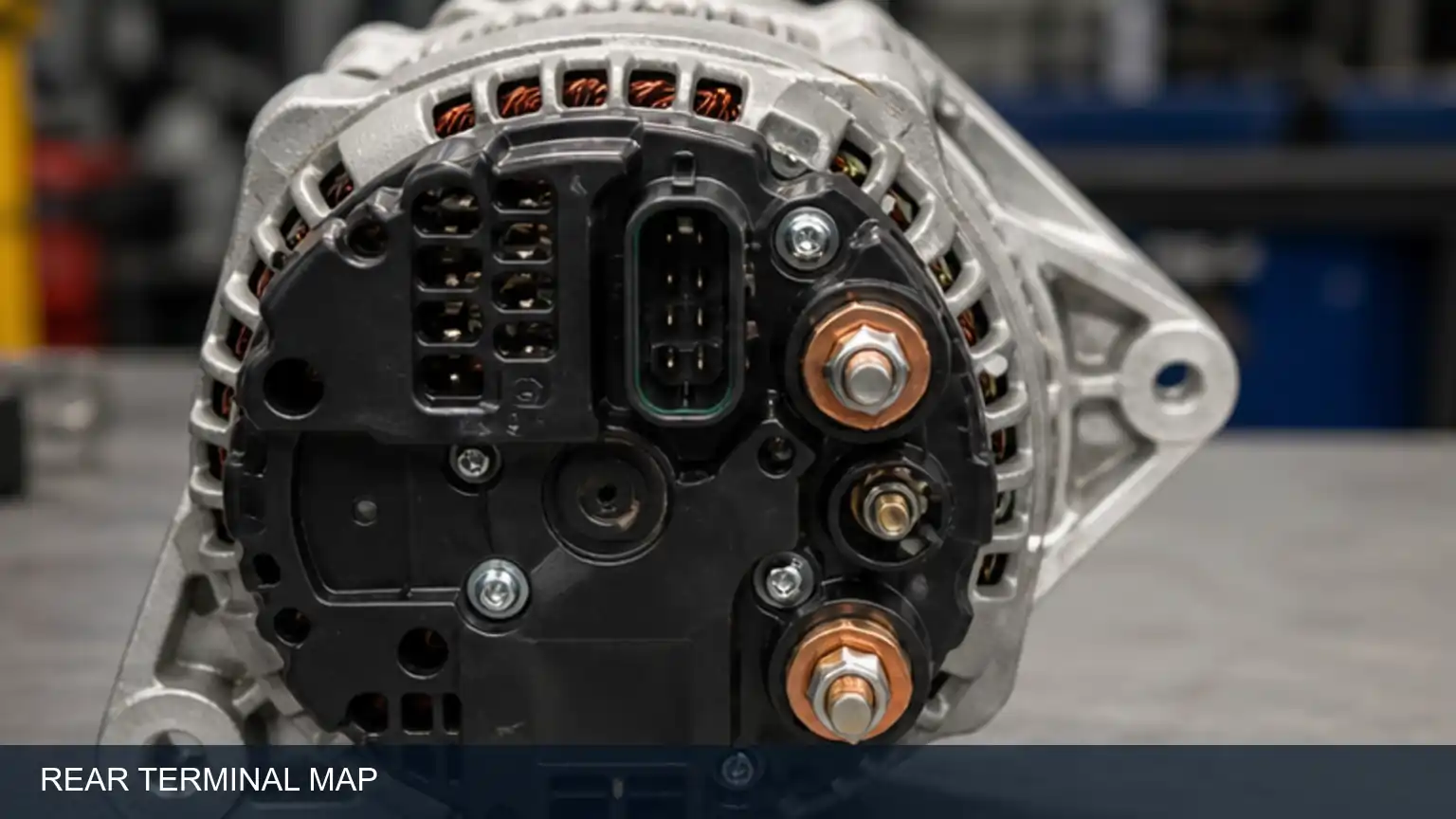 Rear terminal map of a heavy-duty alternator identifying B+, R, I, sense and ground points