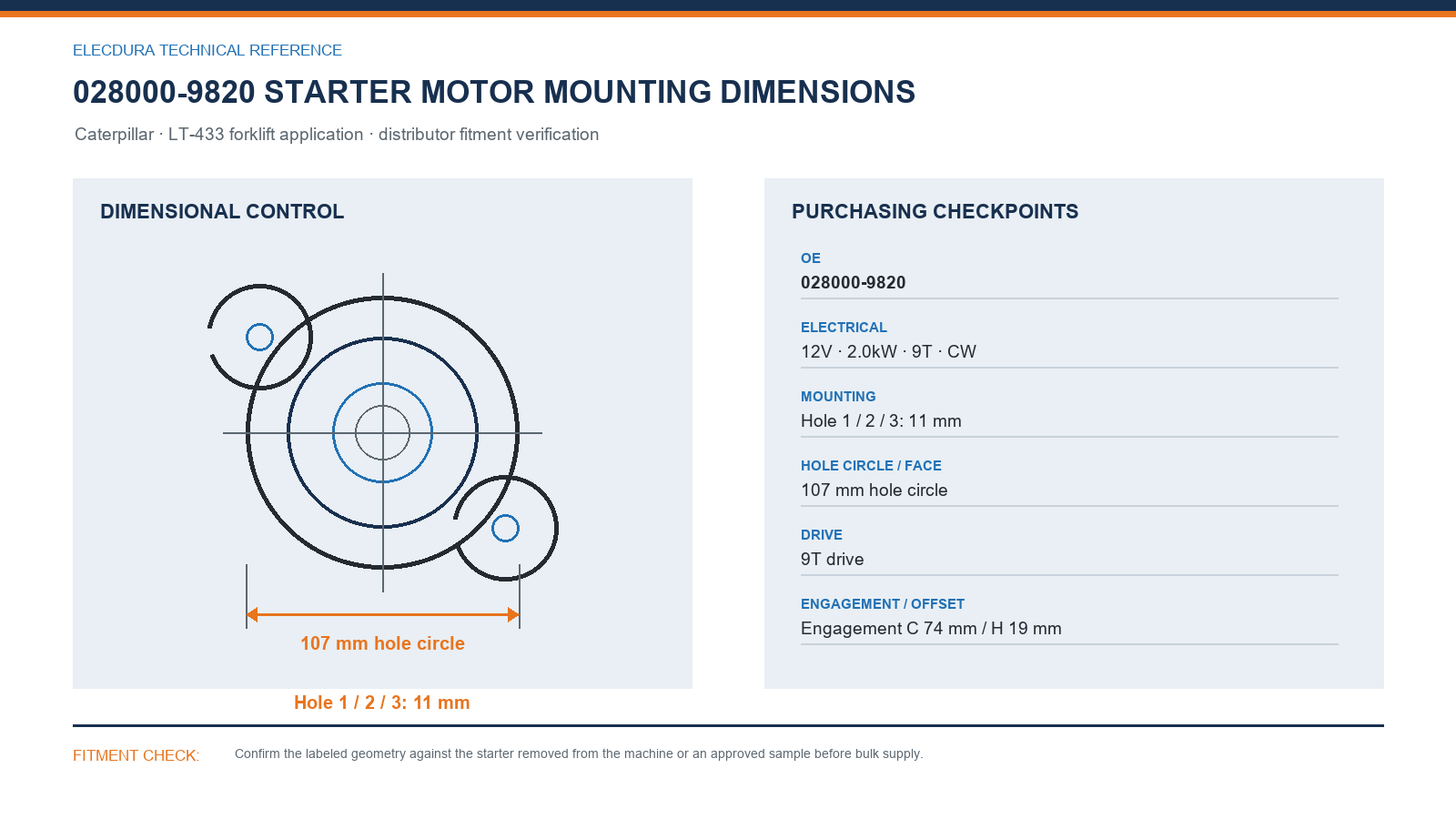 028000-9820 Caterpillar starter motor mounting dimensions for LT-433 forklift application wholesale fitment verification