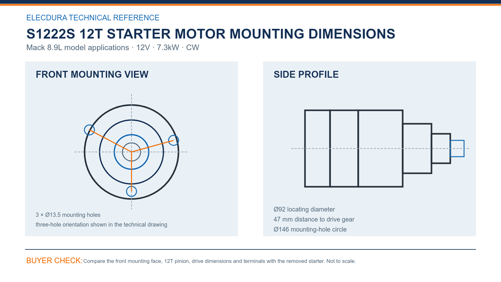 S1222S Mack 8.9L 12V 7.3kW 12T starter mounting dimensions