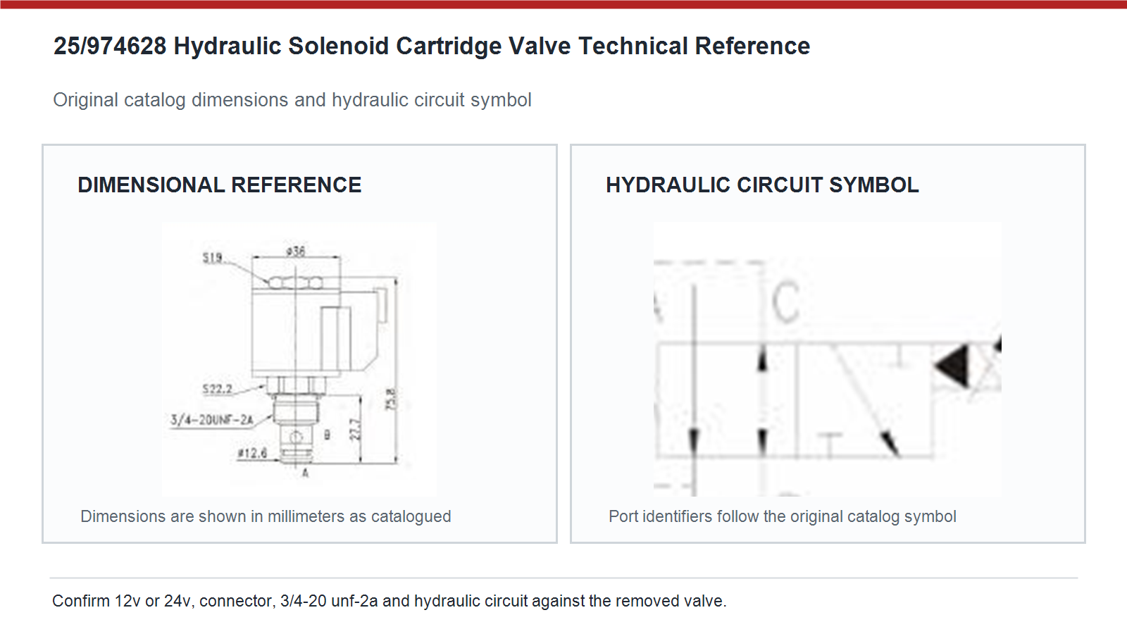 25/974628 JCB hydraulic solenoid cartridge valve dimensions and hydraulic circuit diagram