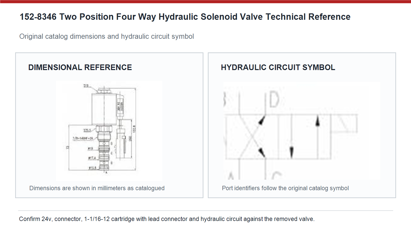 152-8346 Caterpillar two position four way hydraulic solenoid valve dimensions and hydraulic circuit diagram