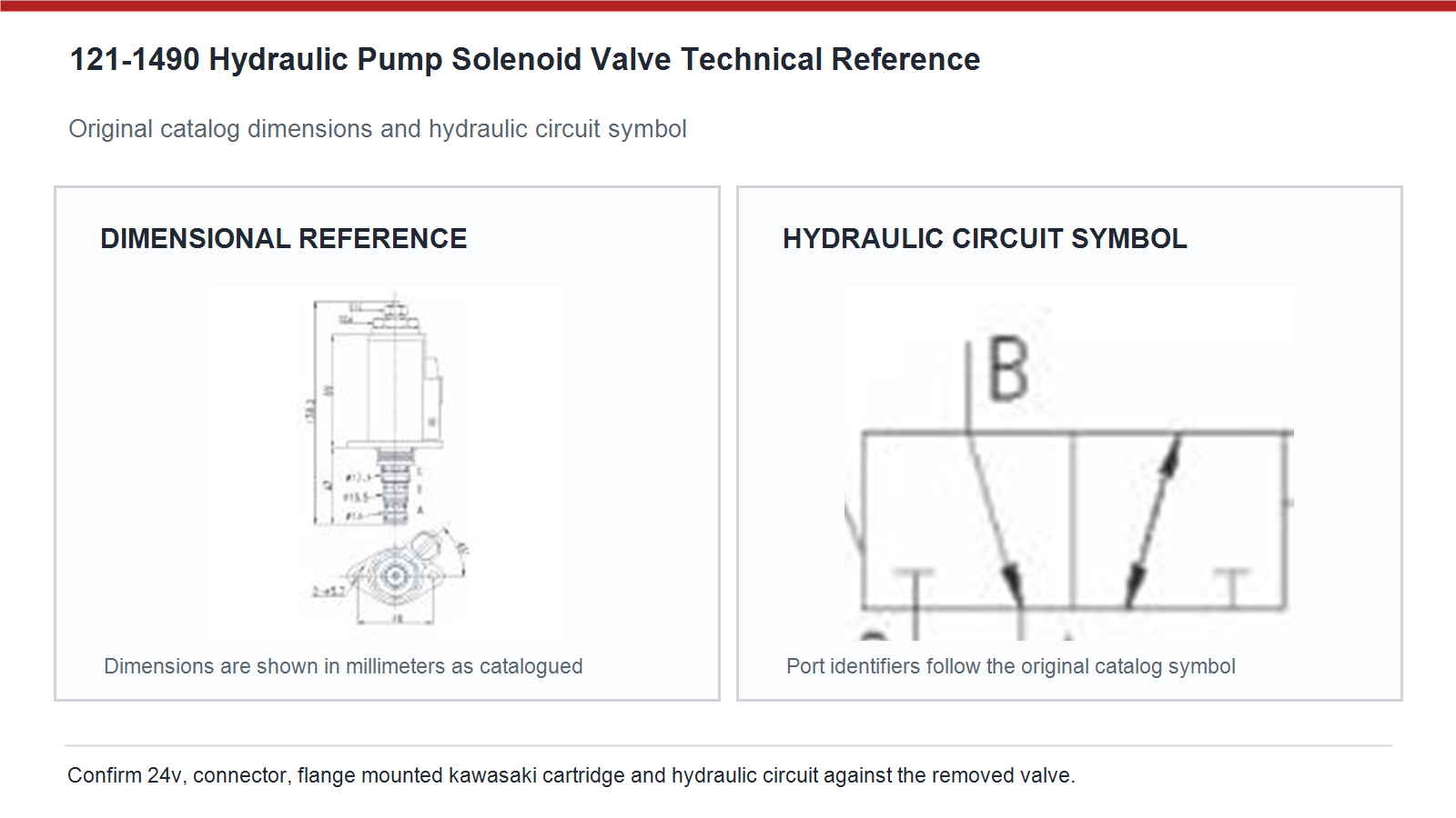 121-1490 Caterpillar hydraulic pump solenoid valve dimensions and hydraulic circuit diagram