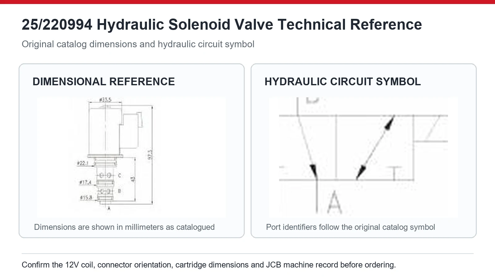 25/220994 JCB hydraulic solenoid valve dimensions and circuit diagram