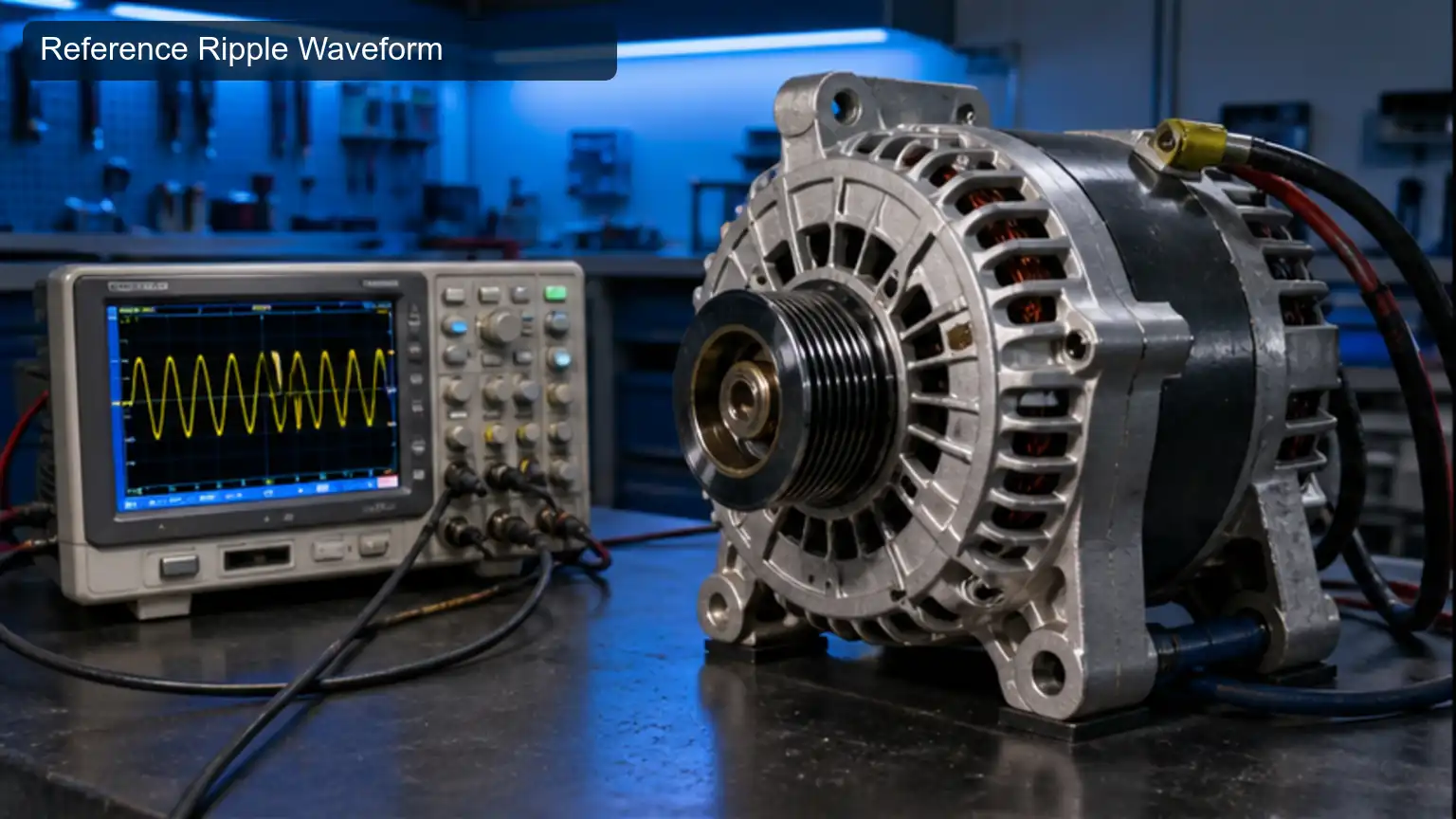Reference Ripple Waveform for Heavy-Duty Alternator Diode Ripple: Waveform and Phase-Fault Diagnosis, shown as a photorealistic heavy-duty technical inspection view