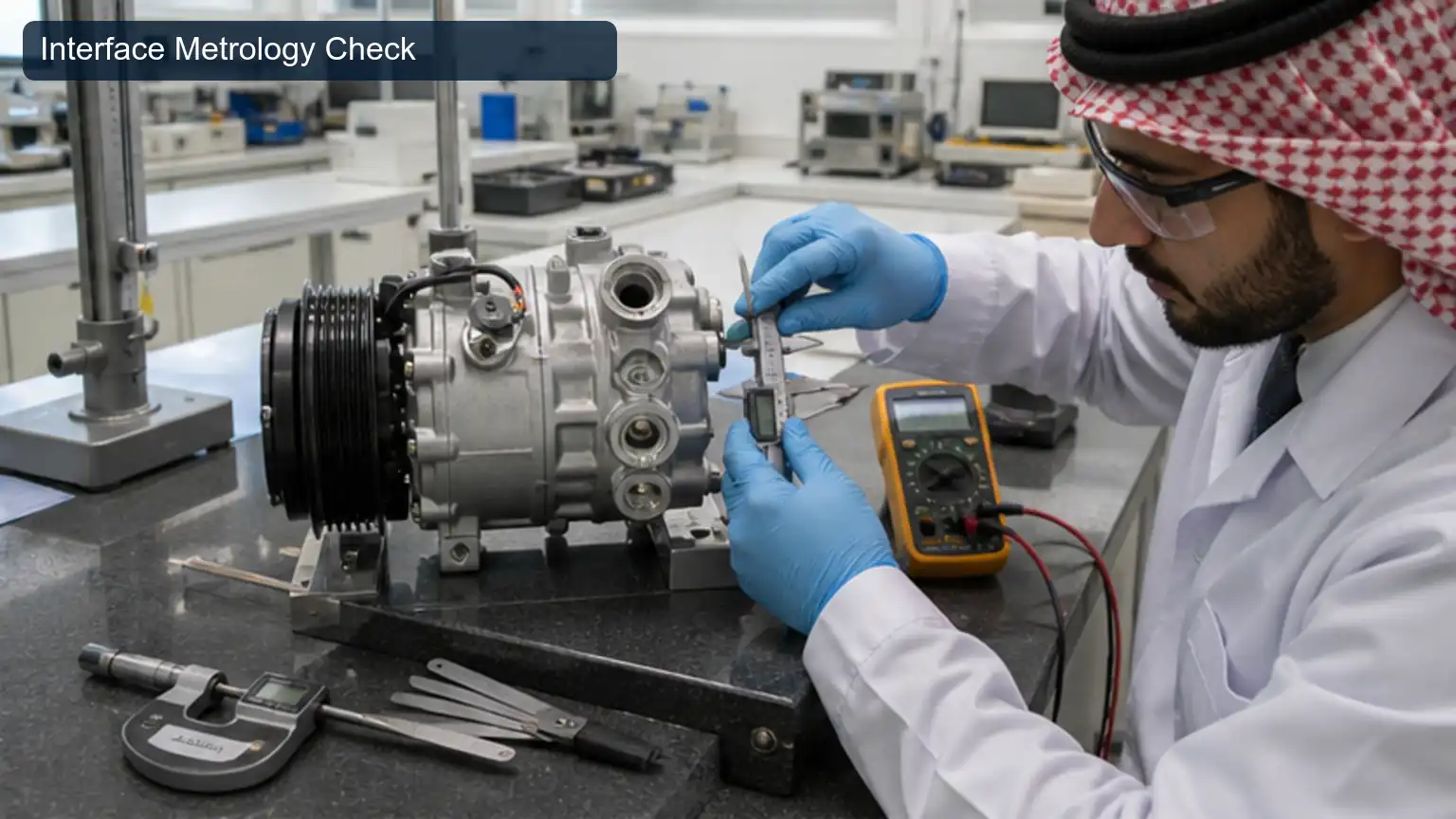 Interface Metrology Check for Top 20 Heavy-Duty A/C Compressor Manufacturers in Saudi Arabia, shown as a photorealistic heavy-duty technical inspection view