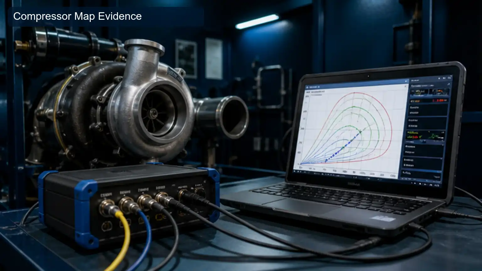 Compressor Map Evidence for Heavy-Duty Turbocharger Compressor Surge: Map, Airflow, and System Diagnosis, shown as a photorealistic heavy-duty technical inspection view