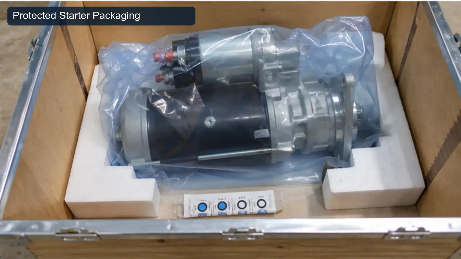 Protected Starter Packaging for Top 20 Heavy-Duty Starter Motor Manufacturers in South Africa, shown as a photorealistic heavy-duty technical inspection view