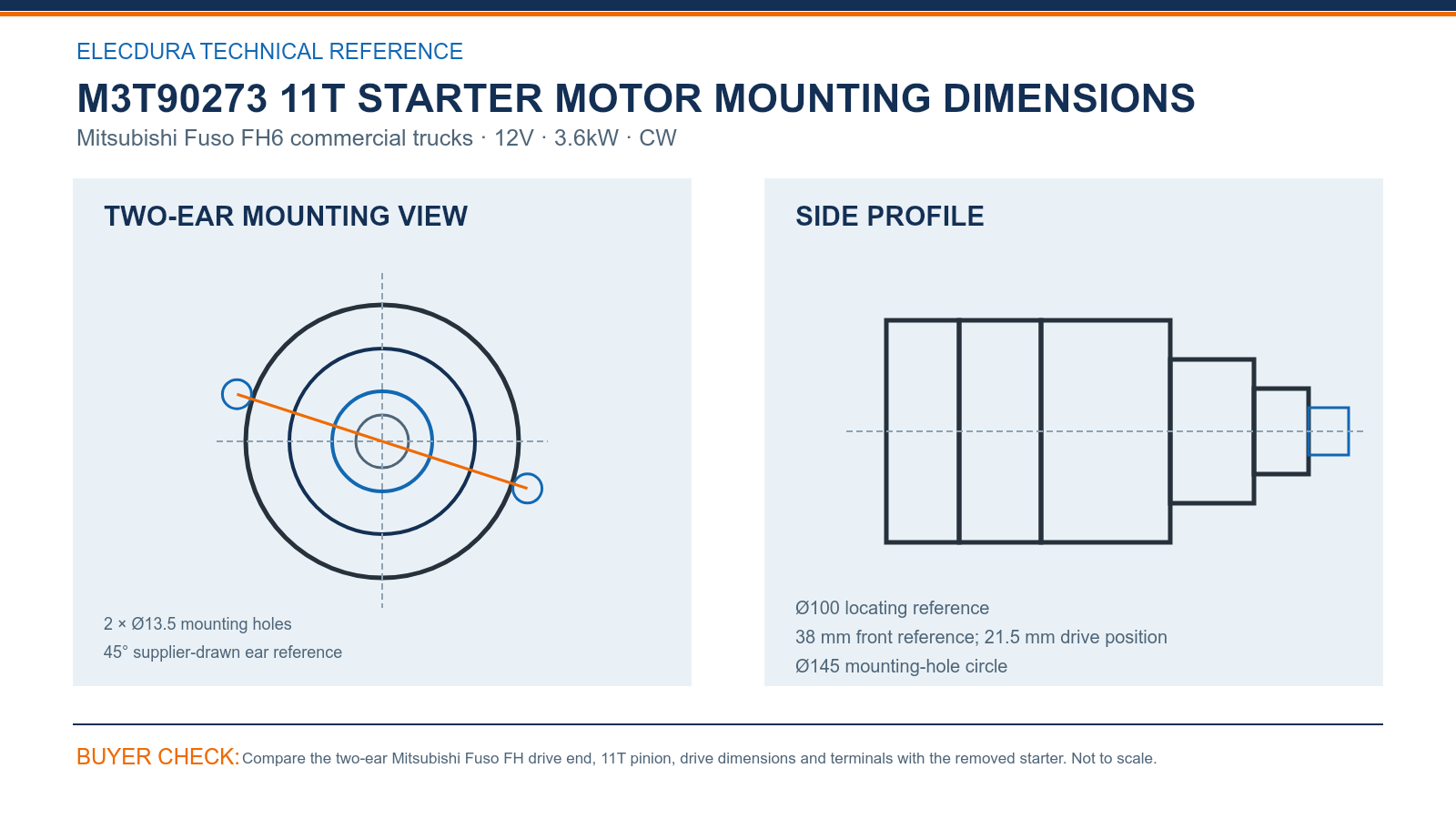 M3T90273 Mitsubishi Fuso FH6 12V 3.6kW 11T starter dimensions