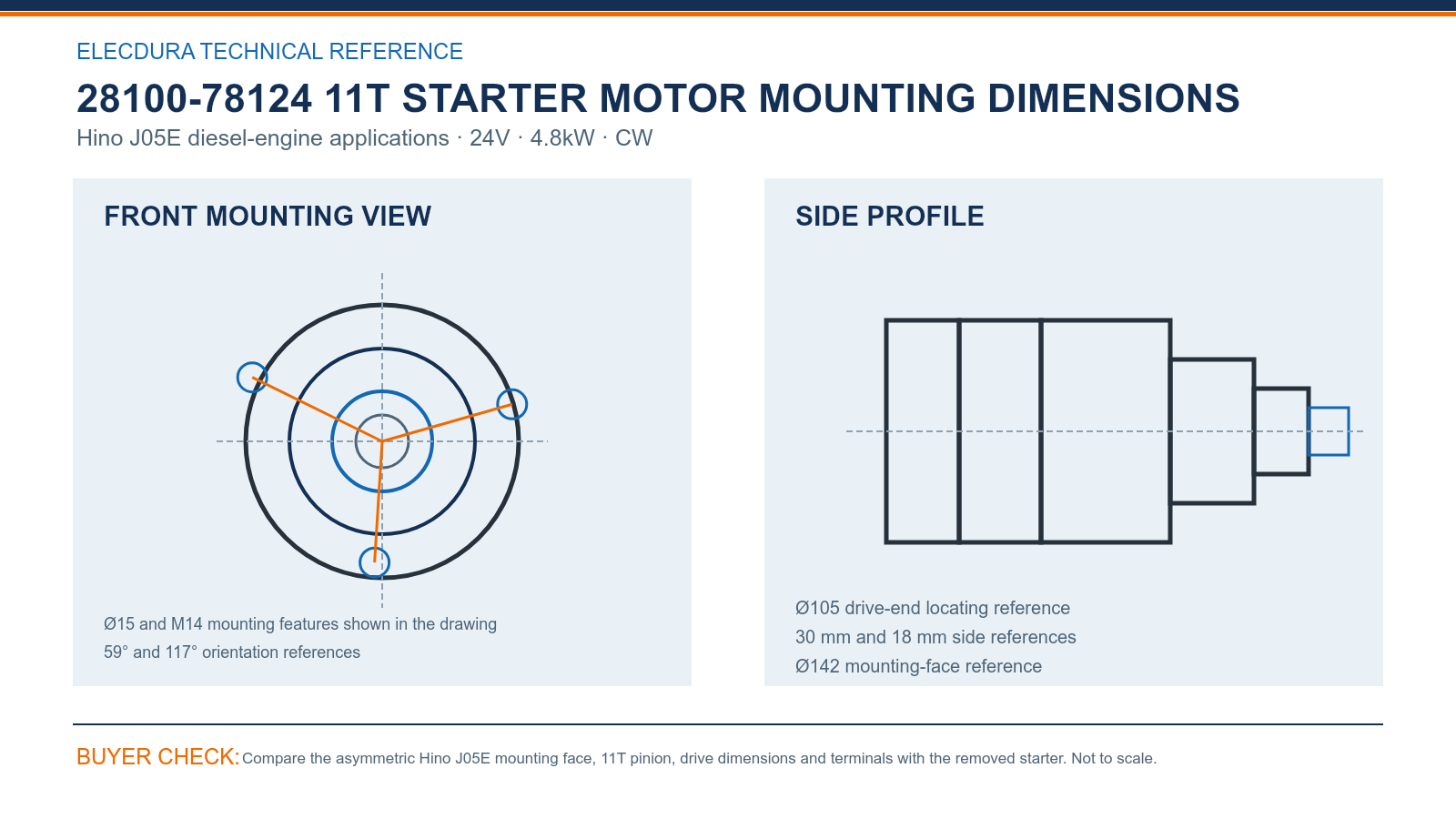 28100-78124 Hino J05E 24V 4.8kW 11T starter mounting dimensions