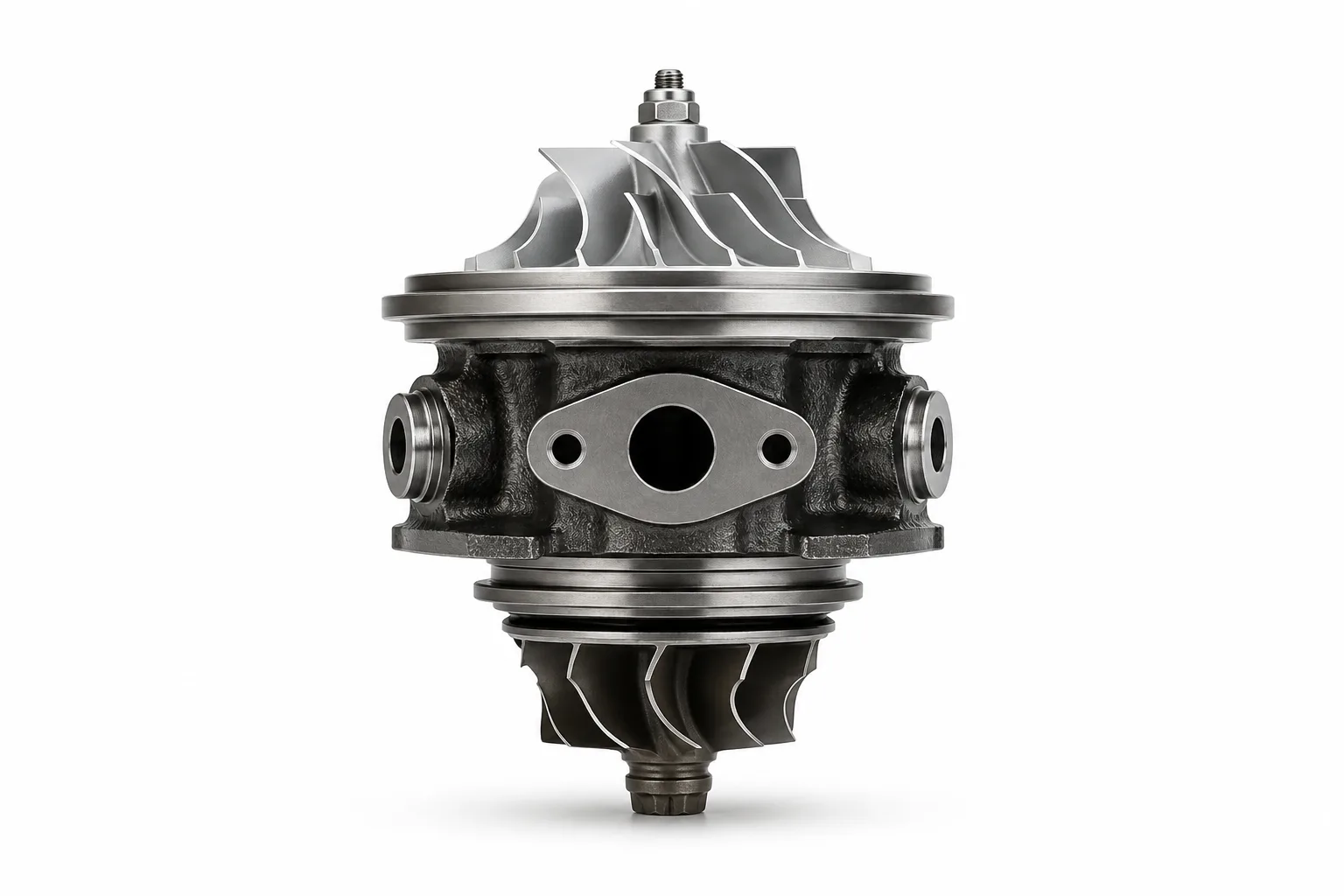 Front view of a heavy-duty turbo core showing the compressor wheel, bearing housing and turbine wheel