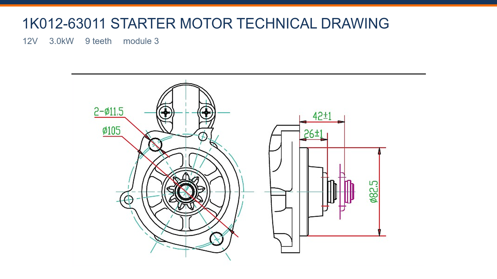1K012-63011 Kubota starter motor technical drawing 12V 3.0kW 9T